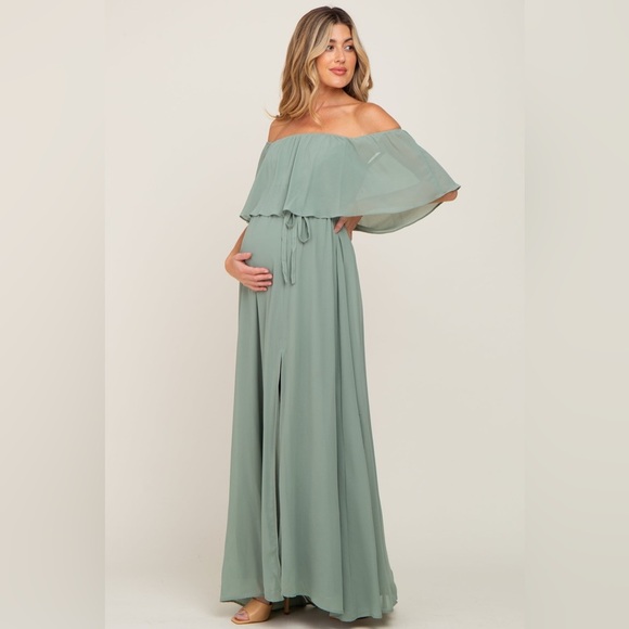 Pinkblush Sage Green Off-Shoulder Maxi Dress - Picture 1 of 5